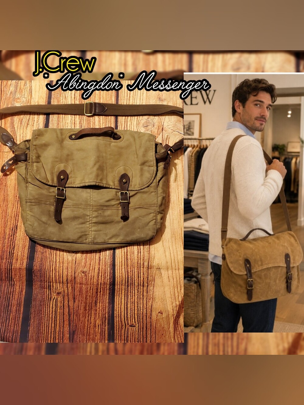 J.Crew Khaki Messenger Bag - Abingdon Waxed Canvas Leather Trim 51657 Rugged